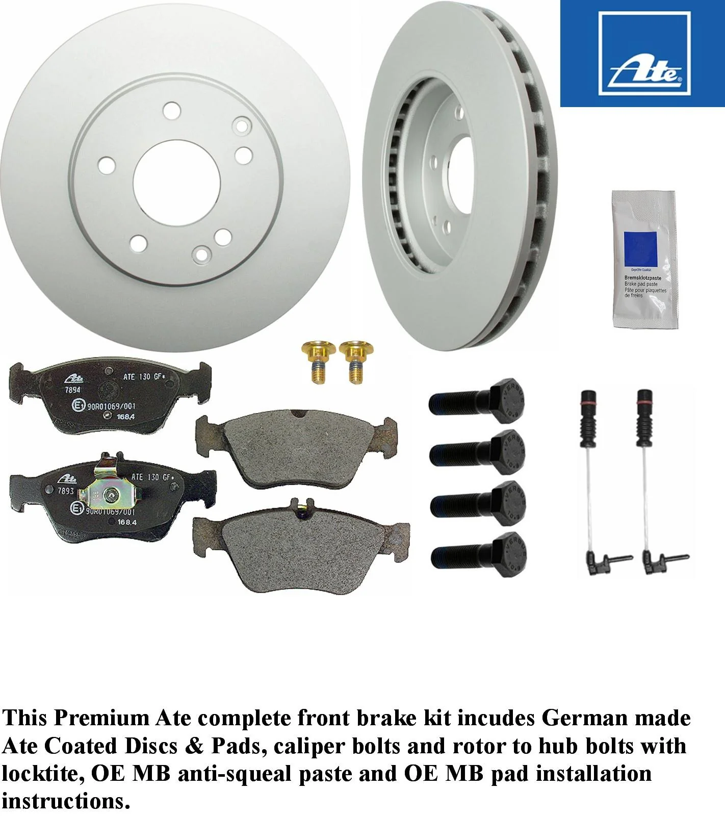Complete Front Brake German Ate Coated Disc & Pad Kit Mercedes 1996-04 Mercedes