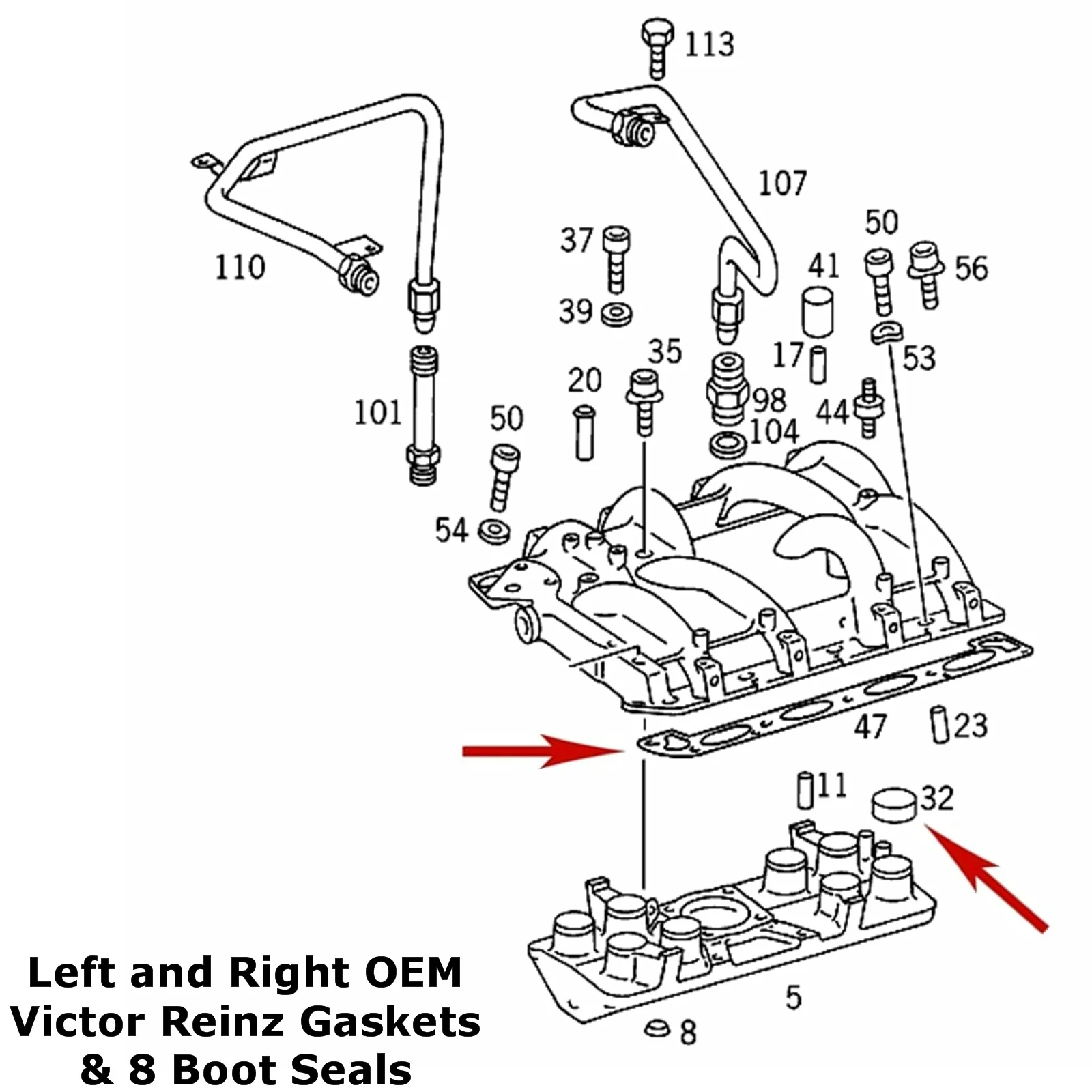 Intake Manifold Gasket & Boot Set 1992-95 Mercedes 400 420 500 OEM Victor Reinz - Image 3